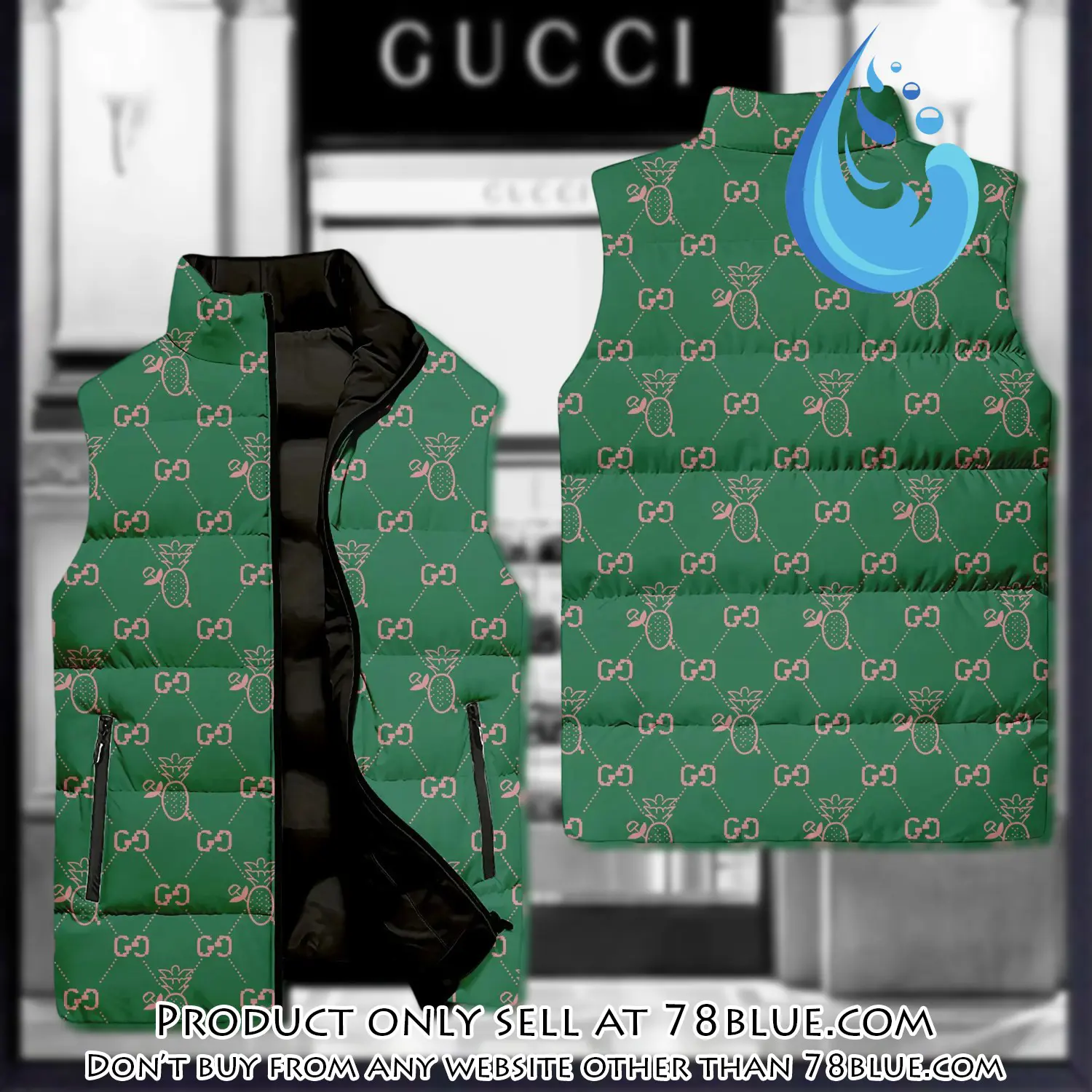 Gucci green pattern luxury brand 3d sleeveless down jacket 78b1728386